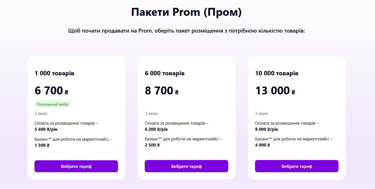 Пакети Prom за розміщення з потрібною кільукістю товарів